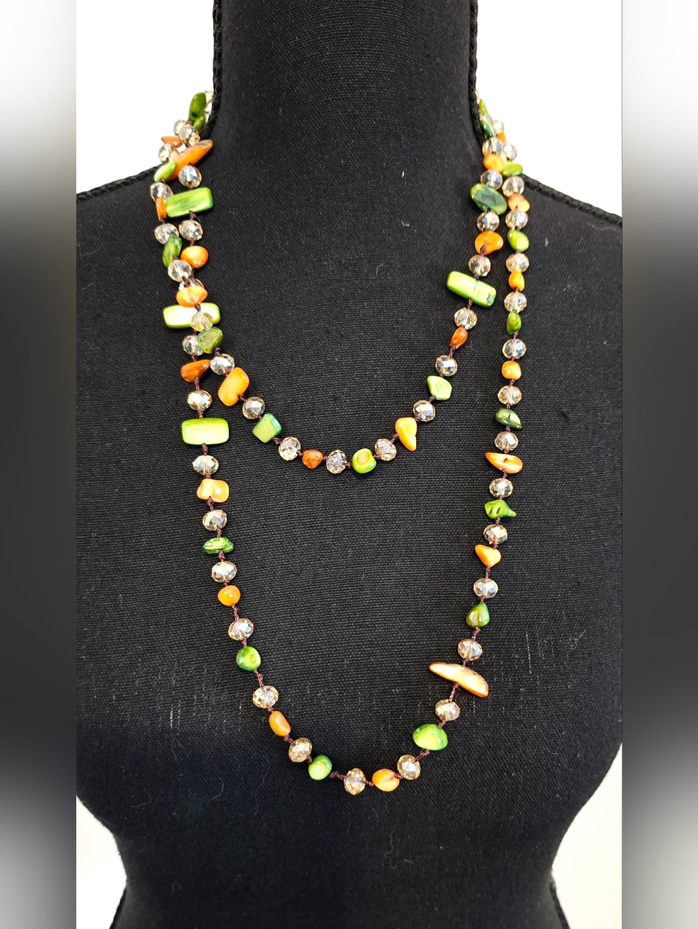 Boho Multicolor Beaded Necklace Long Layered Green Orange Stone